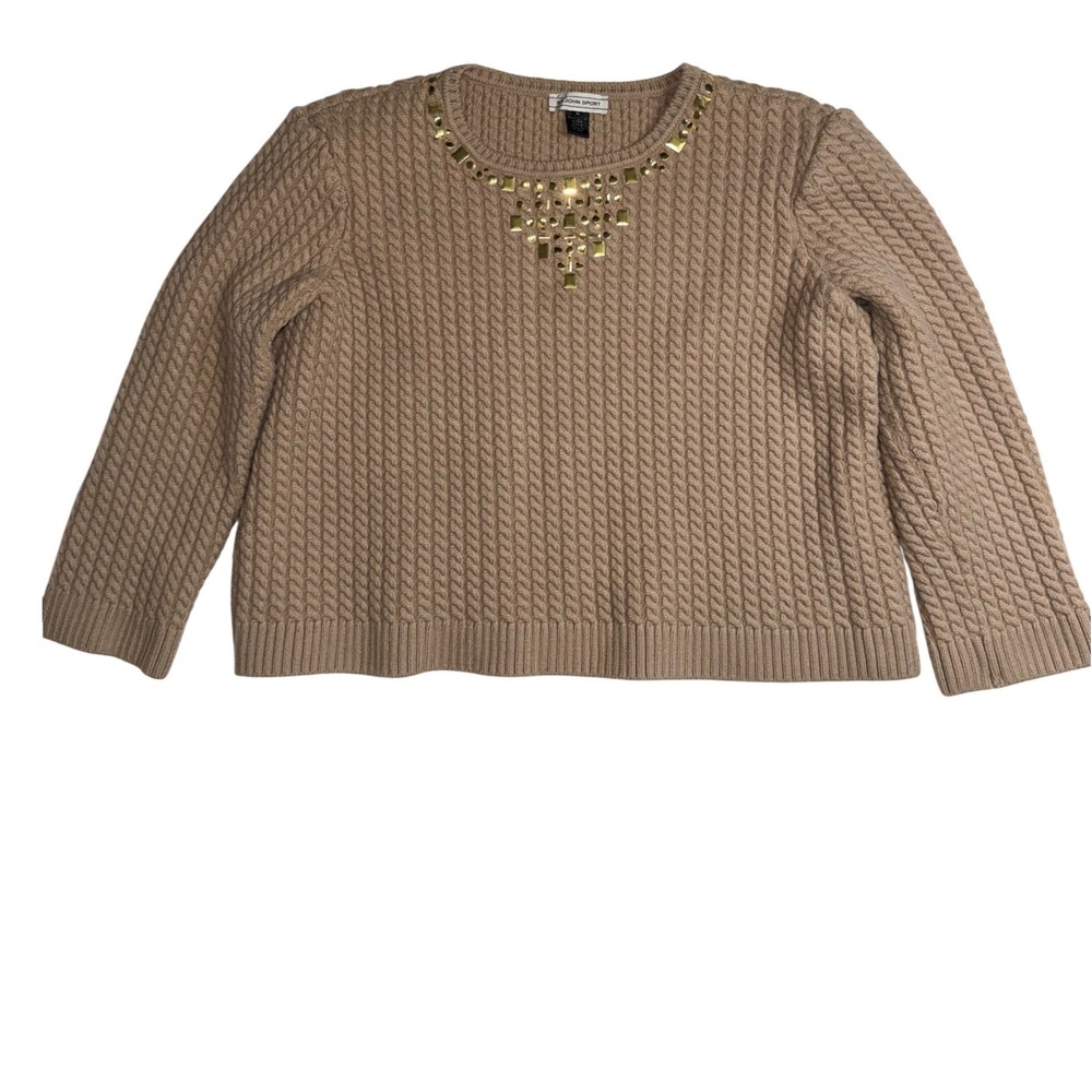 St John Sport Womens XL Tan Wool Blend Crop Cable Knit Gold Studded Sweater